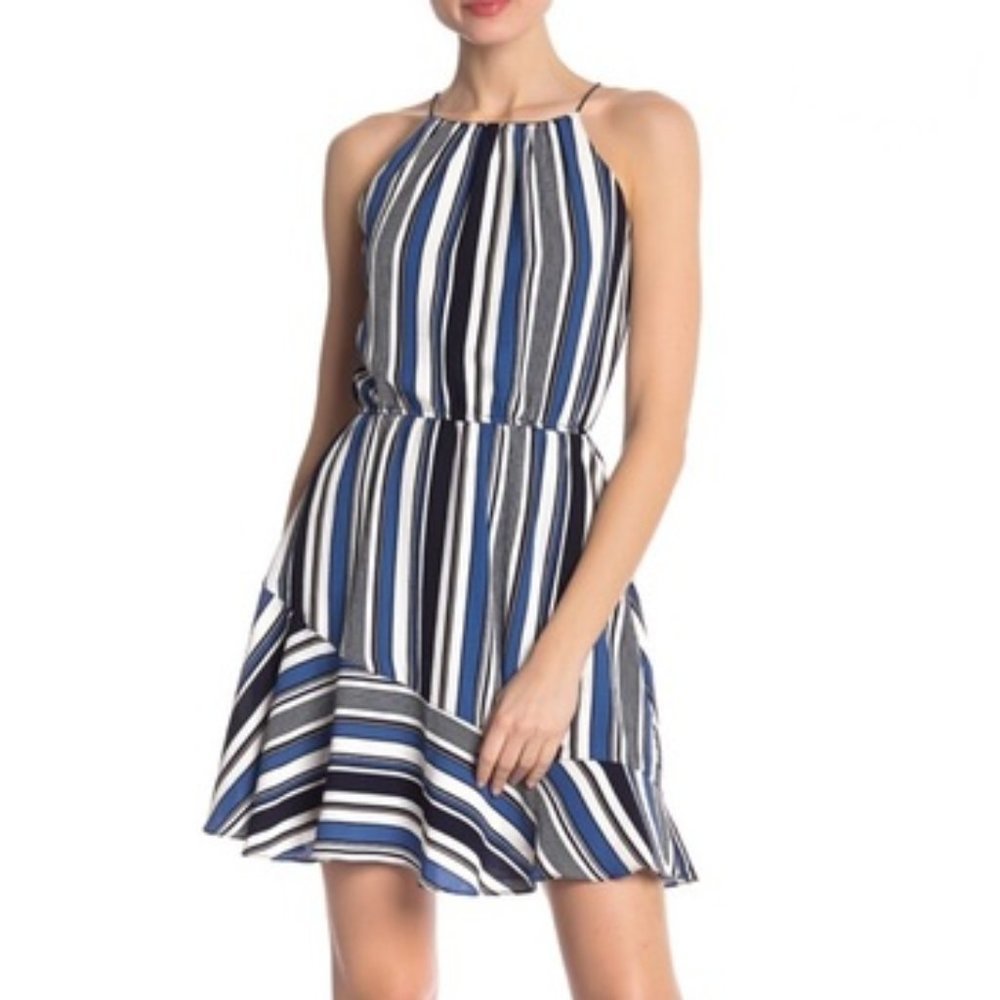 LOVE...ADY Multi Stripe Halter Flounce Hem Dress